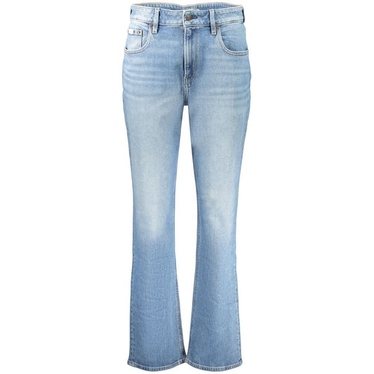 Jeans by Calvin Klein for women in stretch denim cotton blue & signature features an sartorial straight-leg and long with a high rise cut for a sartorial finish.
