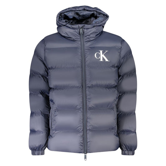 Hooded Windbreaker Jacket by Calvin Klein for men in nylon blue & print showcases a urban chic silhouette, detailed with a urban chic hooded neckline and functional pockets, hooded & windproof for a polished finish.