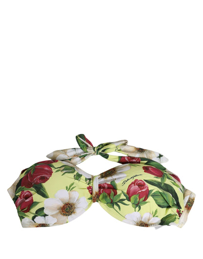 Dolce & Gabbana Women's Stretch Nylon Swimwear Top - Red White Yellow Floral Signature Print