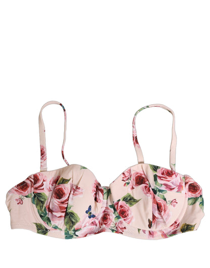 Dolce & Gabbana Women's Stretch Nylon Swimwear Top - Pink Rose Floral Signature Print