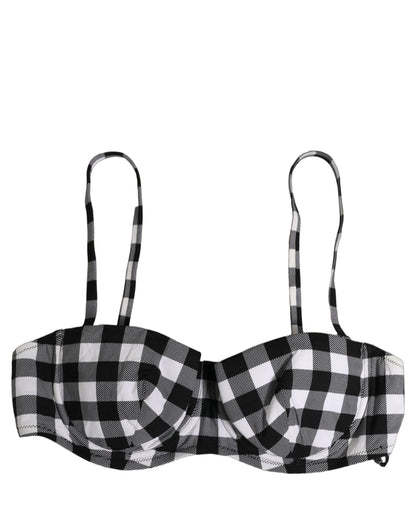 Dolce & Gabbana Women's Stretch Nylon Swimwear Top - Black White Patterned Gingham Signature