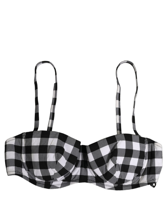 Dolce & Gabbana Women's Stretch Nylon Swimwear Top - Black White Patterned Gingham Signature