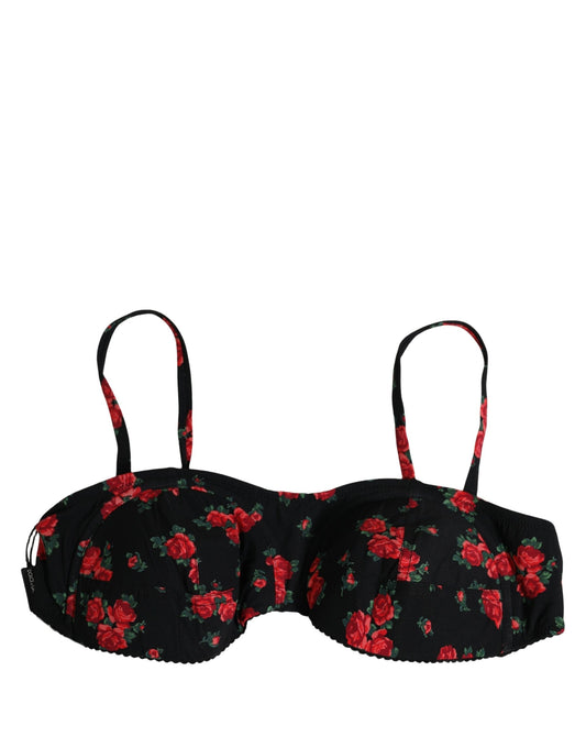 Dolce & Gabbana Women's Stretch Nylon Swimwear Top - Black Red Rose Floral Signature Print