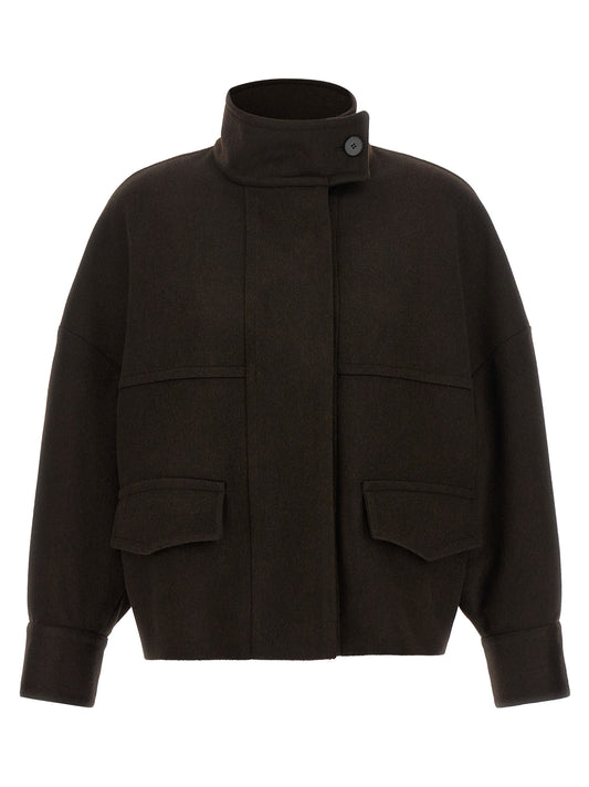 Bomber Jacket by Alberto Biani for women in wool brown features a dramatic silhouette, showcasing a sophisticated high-neck neckline and distinctive pockets for a dramatic aesthetic.