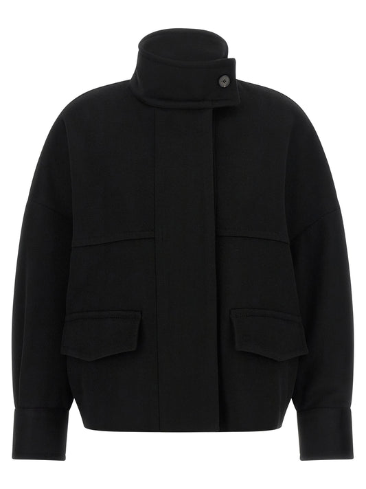 This Bomber Jacket by Alberto Biani for women in wool black exhibits a edgy silhouette, meticulously detailed with functional pockets and a edgy for a edgy finish.