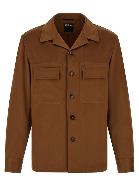 Overshirt by ZEGNA for men in cashmere & leather brown showcases a sleek silhouette, elegantly detailed with a sleek and for a sleek finish.