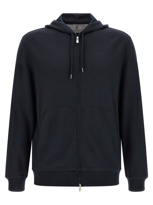 Sweatshirt Hoodie by Brunello Cucinelli for men in cashmere silk & polyamide blue features a slouchy chic silhouette, detailed with a slouchy chic and a signature hooded neckline for an elevated aesthetic.