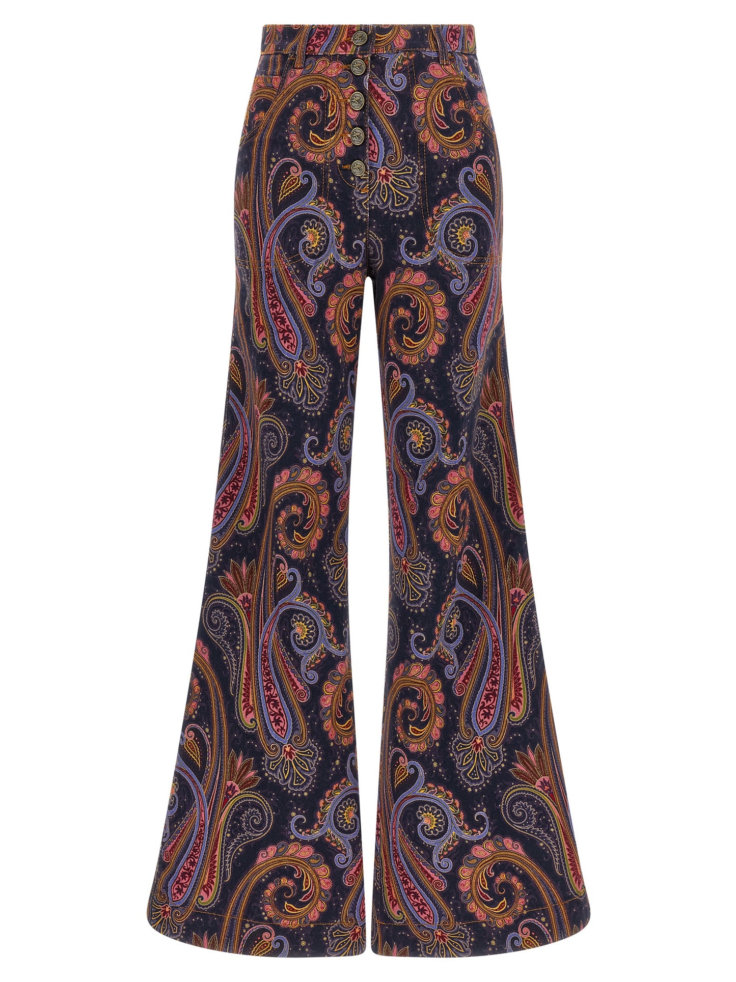 Jeans by Etro for women in stretch denim cotton multicolor, paisley & print presents a tailored silhouette, showcasing a tailored flared and long cut with a refined for a truly tailored aesthetic.