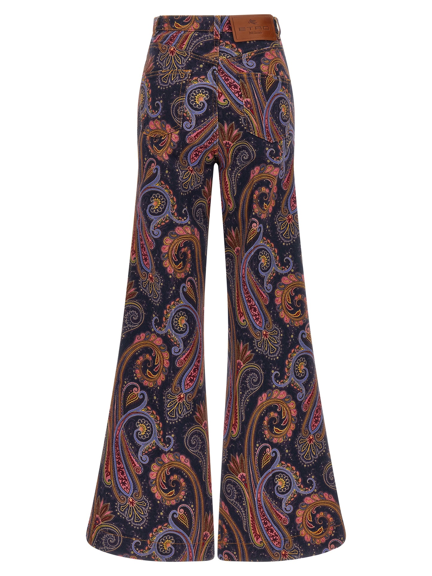 Jeans by Etro for women in stretch denim cotton multicolor, paisley & print features an sartorial flared and long with a cut for a sartorial finish.