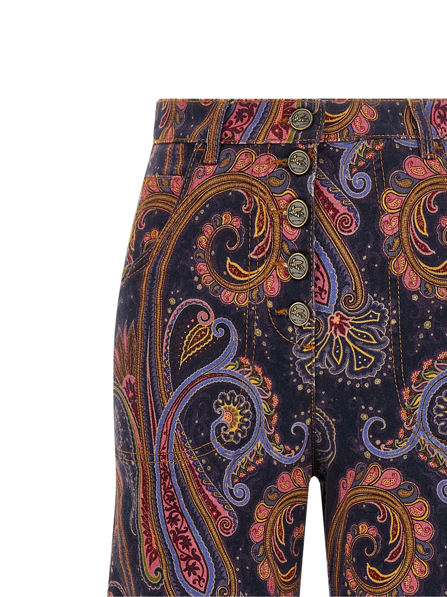 Jeans by Etro for women in stretch denim cotton multicolor, paisley & print features a polished silhouette with a polished flared, reaching a polished long and finished with a polished .