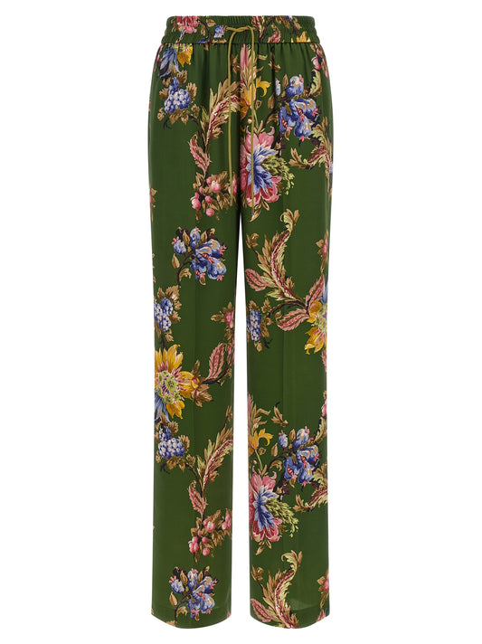 Trousers by Etro for women in polyester bicolour, green, olive, patterned & floral presents a perennial silhouette, meticulously tailored with a relaxed-fit & wide cut, long finish, and an elegant .