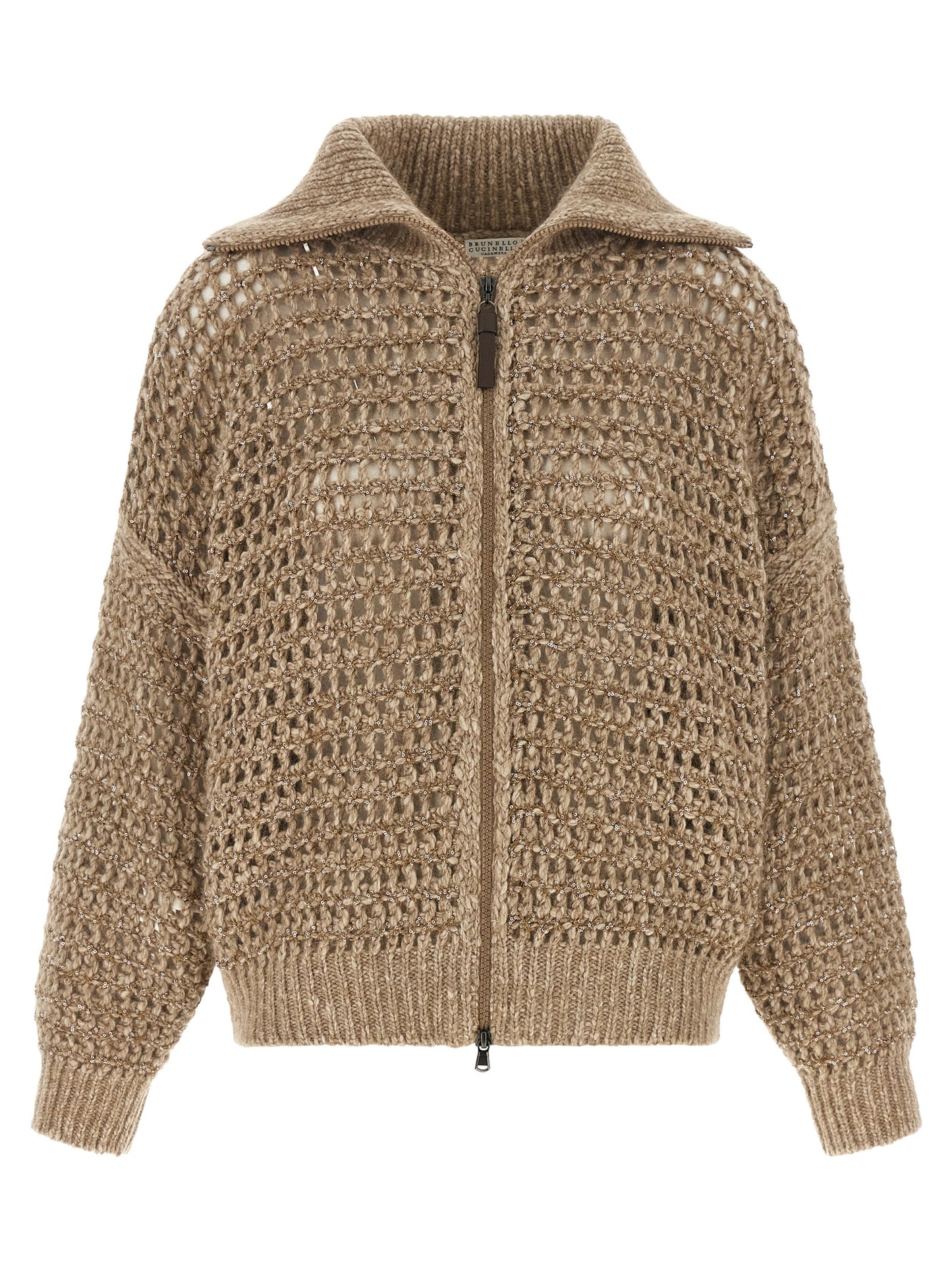Cardigan by Brunello Cucinelli for women in mohair cashmere leather & sequins beige showcases a captivating silhouette, artfully detailed with a captivating and high-neck neckline for a truly sophisticated captivating look.