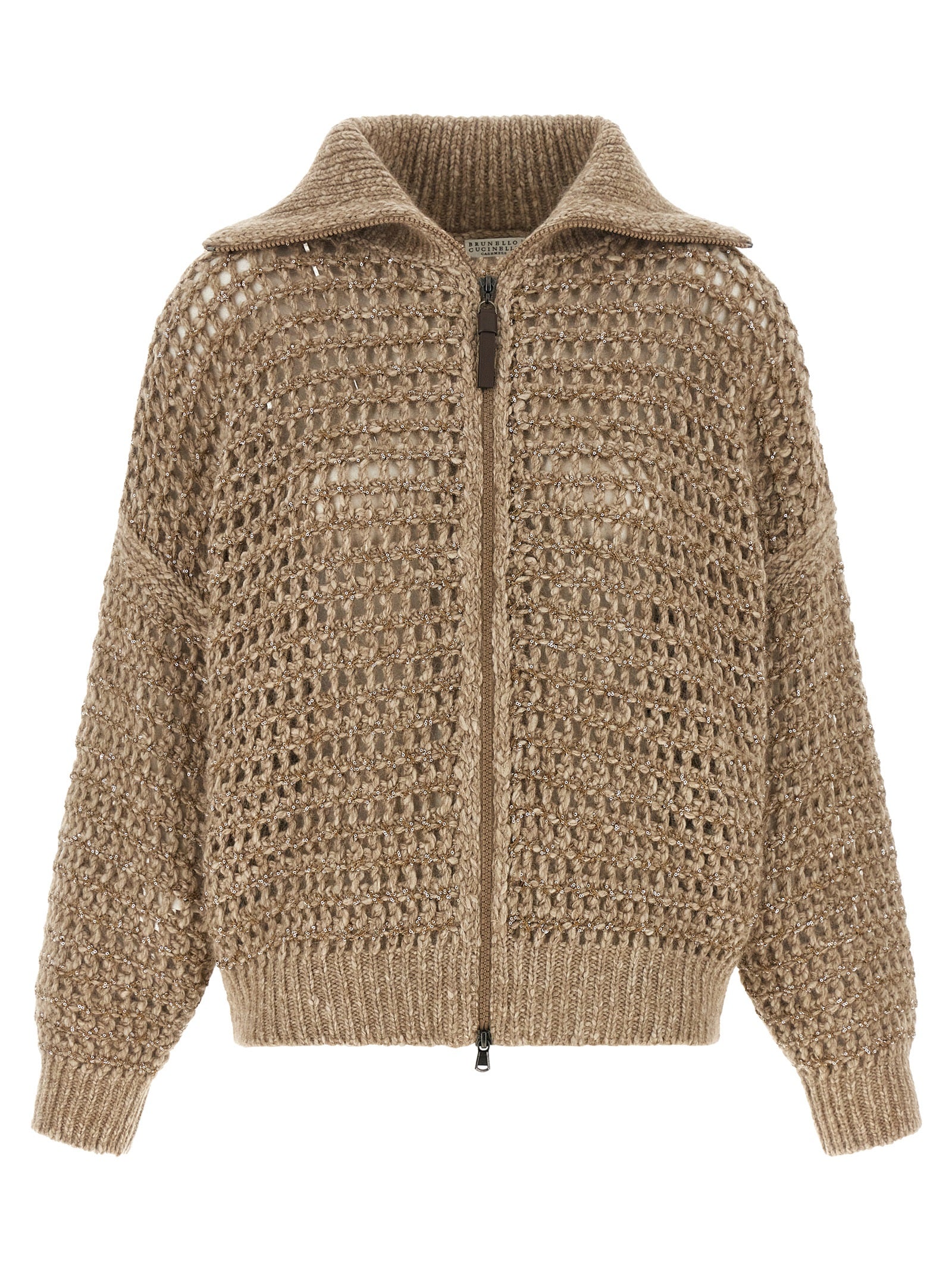 Cardigan by Brunello Cucinelli for women in mohair cashmere leather & sequins beige showcases a captivating silhouette, artfully detailed with a captivating and high-neck neckline for a truly sophisticated captivating look.
