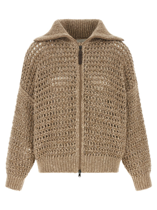 Cardigan by Brunello Cucinelli for women in mohair cashmere leather & sequins beige showcases a captivating silhouette, artfully detailed with a captivating and high-neck neckline for a truly sophisticated captivating look.