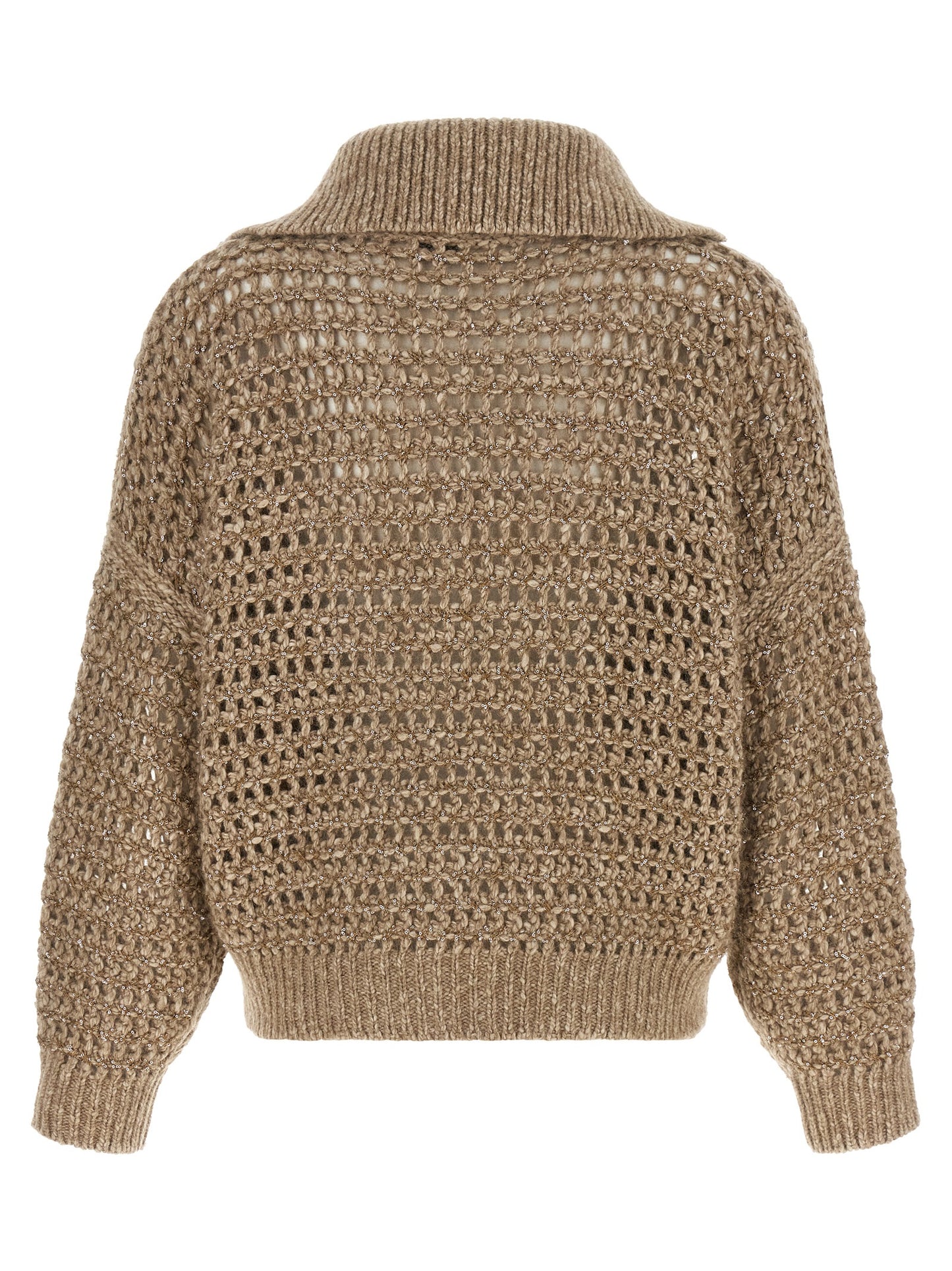 Cardigan by Brunello Cucinelli for women in mohair cashmere leather & sequins beige features a dramatic silhouette, showcasing a sophisticated high-neck neckline and dramatic detail for a timeless, premium look.