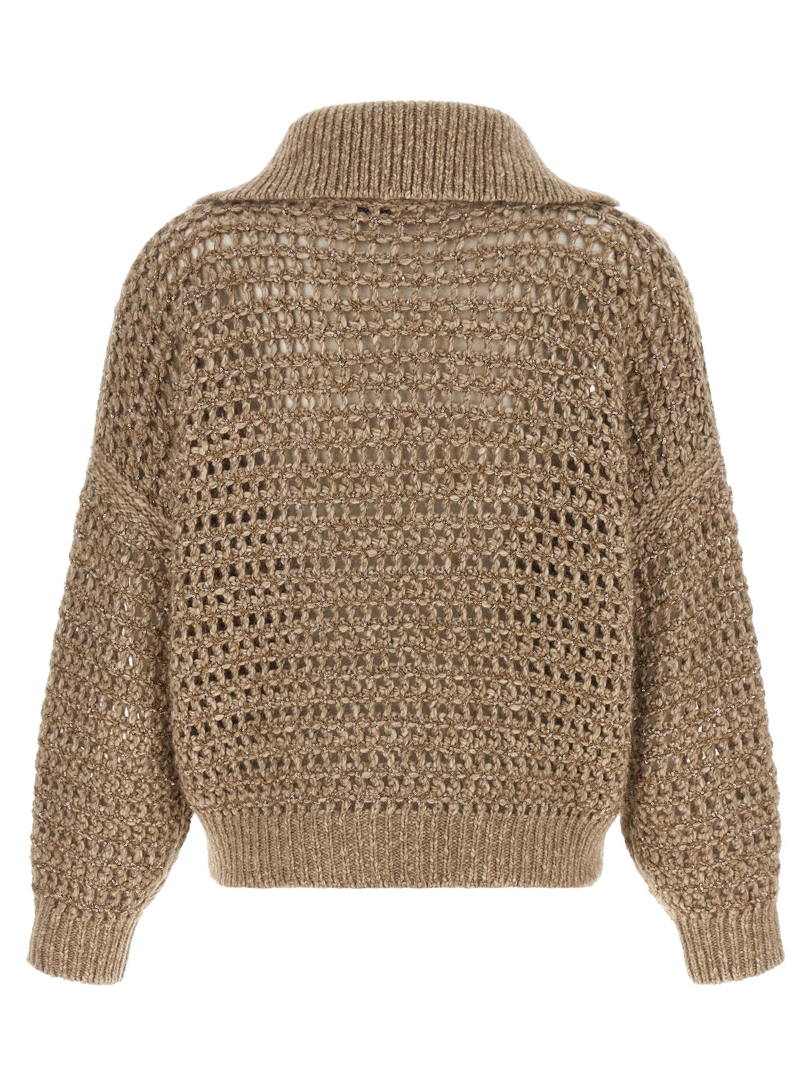 Cardigan by Brunello Cucinelli for women in mohair cashmere leather & sequins beige features a dramatic silhouette, showcasing a sophisticated high-neck neckline and dramatic detail for a timeless, premium look.