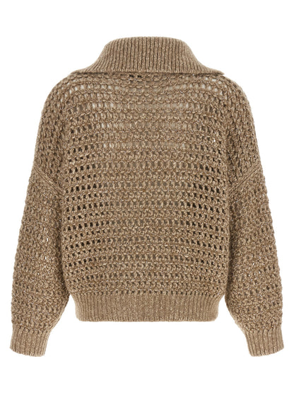 Cardigan by Brunello Cucinelli for women in mohair cashmere leather & sequins beige features a dramatic silhouette, showcasing a sophisticated high-neck neckline and dramatic detail for a timeless, premium look.