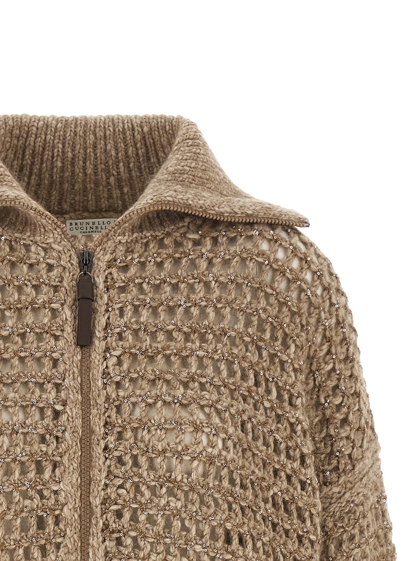 Cardigan by Brunello Cucinelli for women in mohair cashmere leather & sequins beige features an impeccable silhouette, showcasing a sophisticated high-neck neckline and detail for a truly impeccable finish.