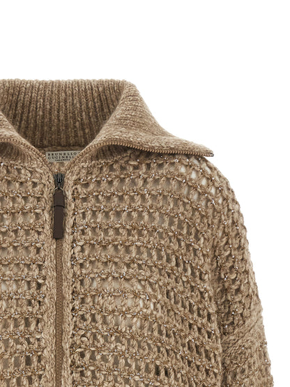 Cardigan by Brunello Cucinelli for women in mohair cashmere leather & sequins beige features an impeccable silhouette, showcasing a sophisticated high-neck neckline and detail for a truly impeccable finish.