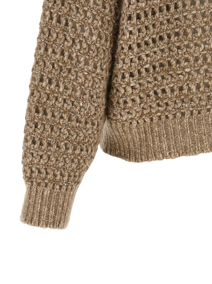 Cardigan by Brunello Cucinelli for women in mohair cashmere leather & sequins beige showcases a luxurious silhouette, meticulously detailed with a sophisticated and for a refined finish.