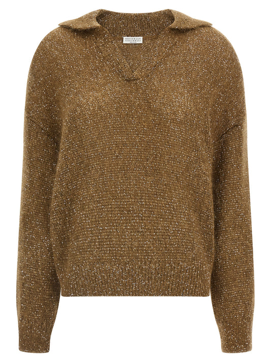 Polo Shirt by Brunello Cucinelli for women in mohair alpaca wool & sequins brown features a eye catching silhouette, showcasing a refined v-neck neckline and for a eye catching finish.