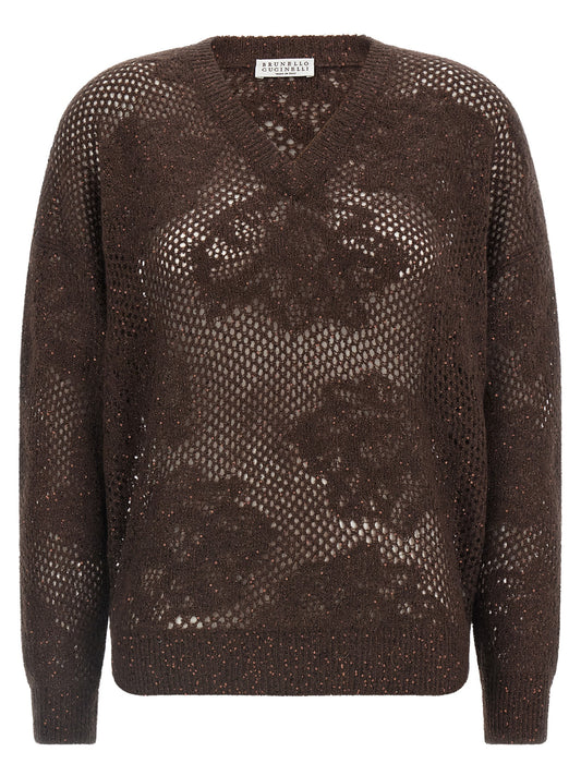 Cardigan by Brunello Cucinelli for women in nylon mohair virgin wool & sequins brown & floral features an impeccable silhouette, showcasing a sophisticated v-neck neckline and detail for a truly impeccable finish.