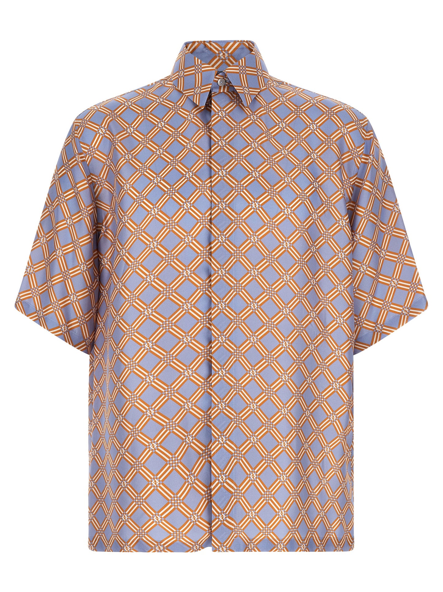 Shirt by Fendi for men in silk blue, multicolor, orange & patterned showcases a sleek silhouette, elegantly detailed with a sleek and for a sleek finish.