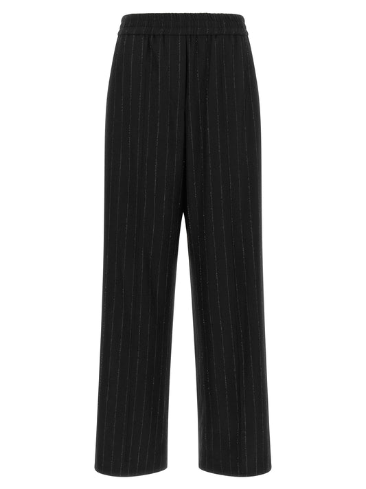 Trousers by Brunello Cucinelli for women in virgin cashmere wool viscose & sequins blue, patterned & pinstripe features a artisanal silhouette, showcasing a sophisticated relaxed-fit & wide with a long and for a artisanal finish.