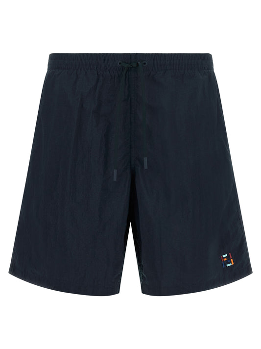 Swim Shorts by Fendi for men in polyamide dark-blue & multicolor showcases a contemporary silhouette, artfully capturing the essence of the contemporary Selleria Men's Polyamide Swim Shorts design for a sophisticated look.