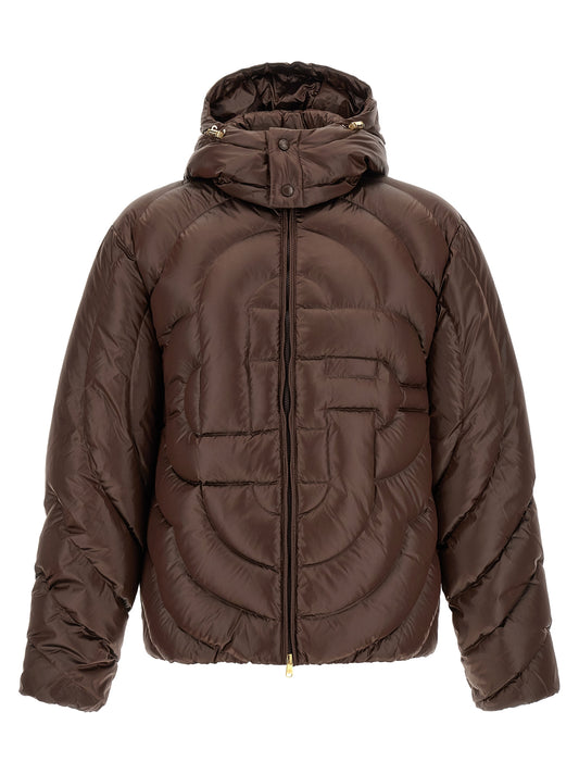 Hooded Puffer Jacket by Casablanca for men in polyamide brown, gold, herringbone & monogram features a dramatic silhouette, showcasing a sophisticated hooded neckline and distinctive hooded & insulated for a dramatic aesthetic.