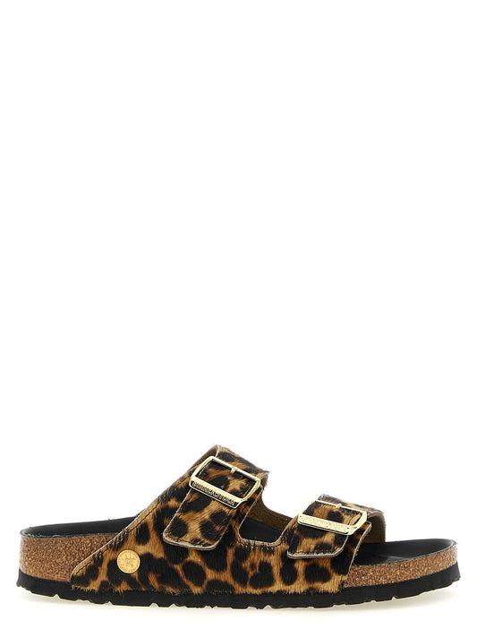 Sliders Sandals Flat Shoes by Birkenstock for women in eva latex & calfskin leather animal, brown, gold, leopard-print & print showcases a resplendent Icon Pony Women's EVA Latex & Calfskin Leather Sliders Sandals Flat Shoes aesthetic with a and .