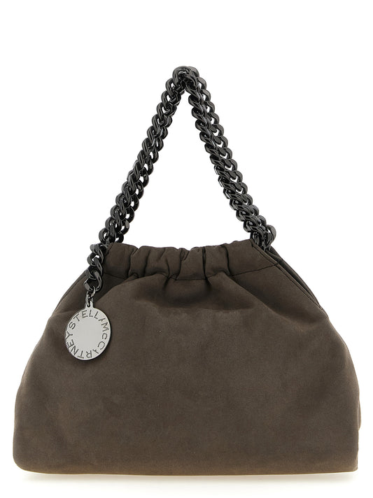Mini Crossbody Drawstring Handbag by Stella McCartney for women in polyamide suede leather dark-ruthenium, gray, patterned & jacquard features a versatile chic silhouette, meticulously detailed with a secure drawstring & magnetic, ample , and versatile crossbody-strap & shoulder-strap.