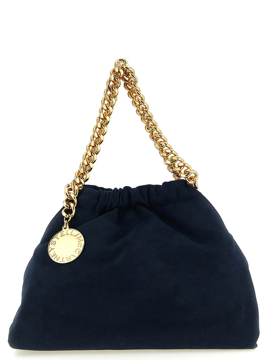 Mini Crossbody Drawstring Handbag by Stella McCartney for women in polyamide suede leather & mesh blue, gold, patterned, signature & monogram features a multifaceted silhouette, showcasing a secure drawstring & magnetic and multifaceted with versatile crossbody-strap, shoulder-strap & handle for multifaceted style.