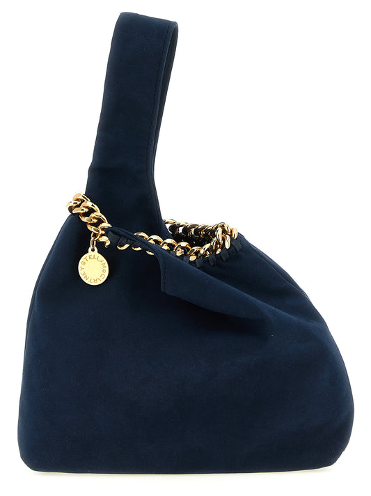 This Pouch Handbag by Stella McCartney for women in polyamide suede leather and gold & navy presents a sculptural silhouette featuring a secure , ample , and versatile wristlet & handle for a sculptural finish.