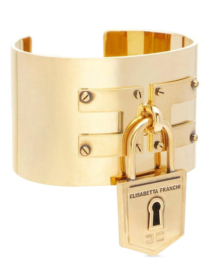 Bracelet by Elisabetta Franchi for women in polyester suede leather gold showcases a cosmopolitan silhouette, artfully capturing the essence of the cosmopolitan Women's Bangle Charm Cuff Gold Brass Bracelet with a cosmopolitan bangle charm cuff bracelet design.