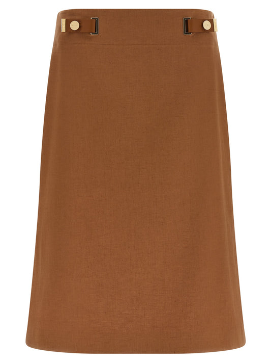 Skirt by Fendi for women in linen cotton & leather brown & gold features a captivating silhouette, showcasing the captivating Women's Flared High Rise Linen Cotton & Leather Skirt design with a sophisticated midi for a captivating look.