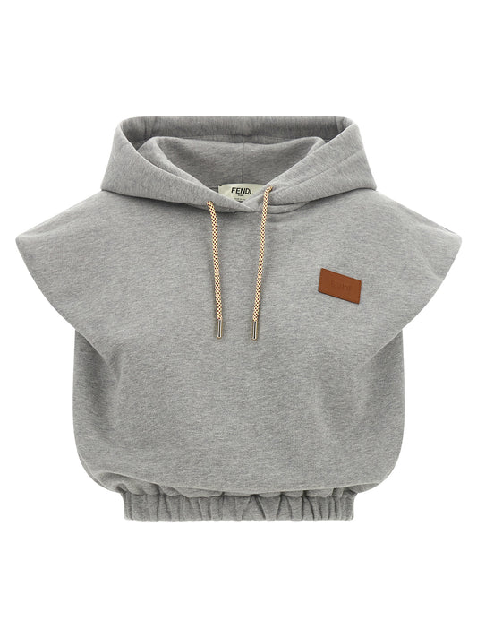 Sweatshirt Hoodie by Fendi for women in leather & cotton gray & gold features an dramatic silhouette, showcasing a sophisticated hooded neckline and dramatic sleeveless for a refined, modern aesthetic.