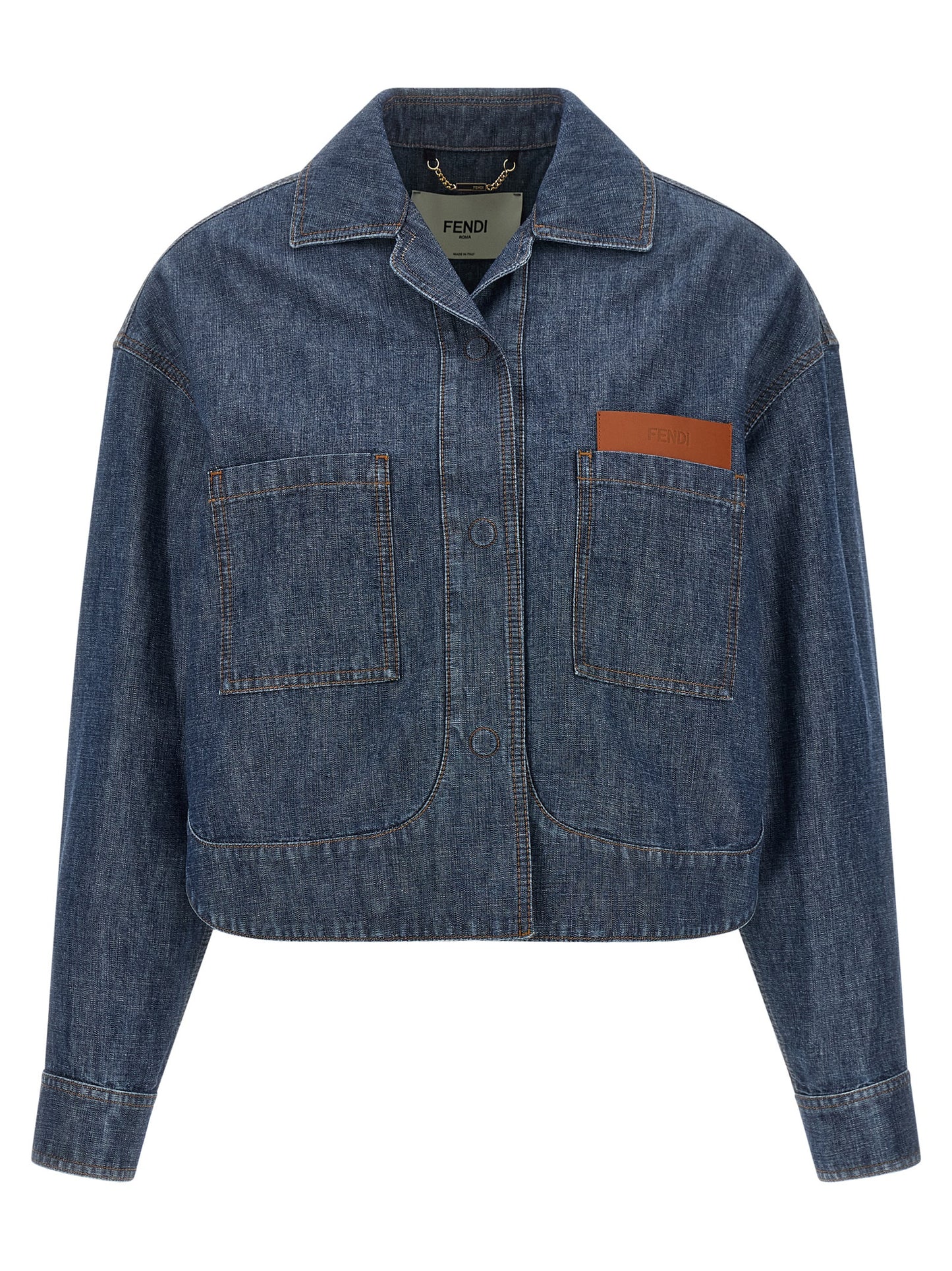 Trucker Jacket by Fendi for women in cotton denim navy & signature features an on trend silhouette, showcasing refined pockets and a sophisticated split square shirt-collar neckline for a truly on trend finish.