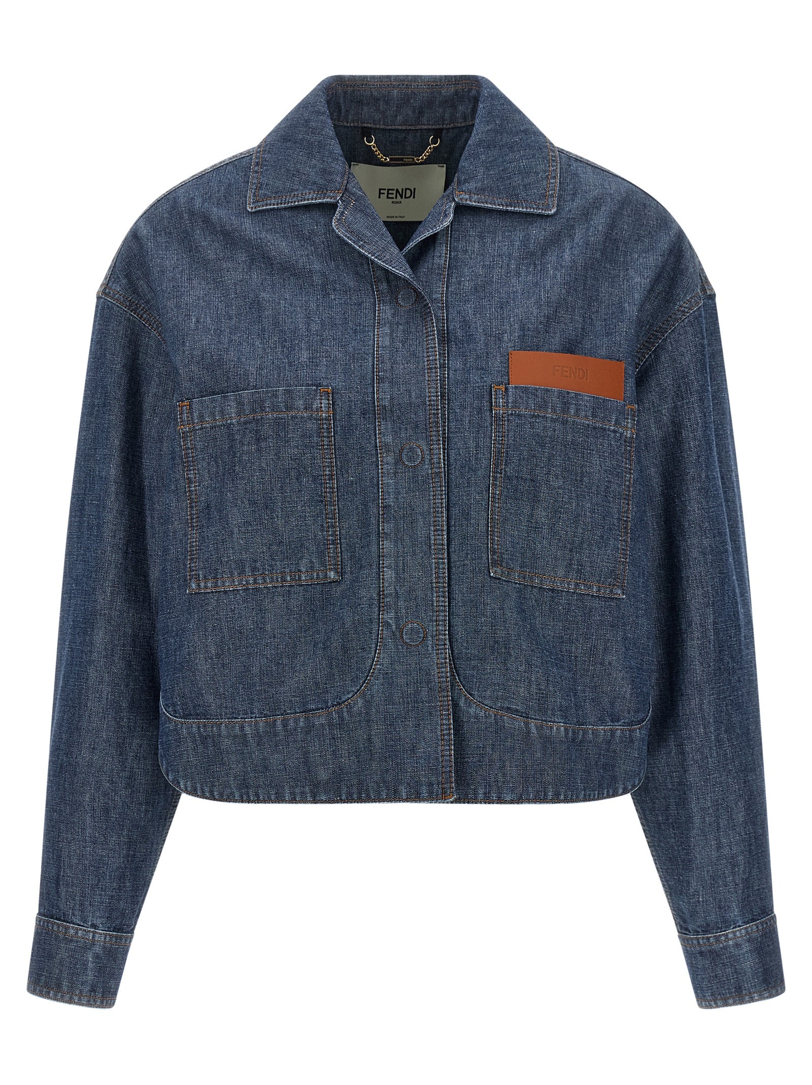 Trucker Jacket by Fendi for women in cotton denim navy & signature features an on trend silhouette, showcasing refined pockets and a sophisticated split square shirt-collar neckline for a truly on trend finish.