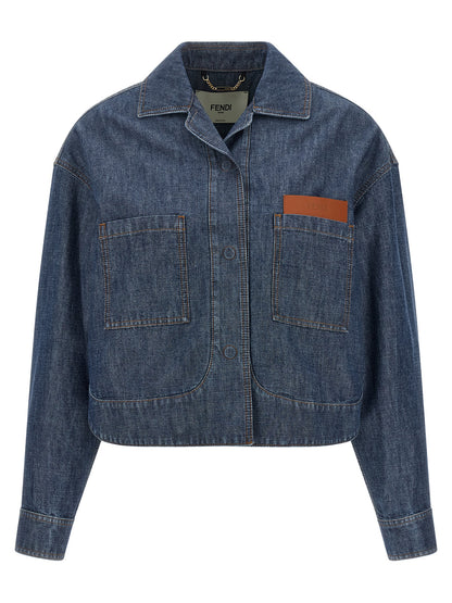 Trucker Jacket by Fendi for women in cotton denim navy & signature features an on trend silhouette, showcasing refined pockets and a sophisticated split square shirt-collar neckline for a truly on trend finish.