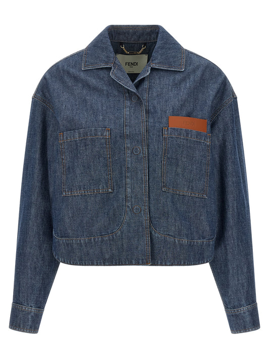 Trucker Jacket by Fendi for women in cotton denim navy & signature features an on trend silhouette, showcasing refined pockets and a sophisticated split square shirt-collar neckline for a truly on trend finish.