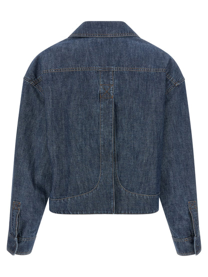 Trucker Jacket by Fendi for women in cotton denim navy & signature features an contemporary silhouette, showcasing a sophisticated split square shirt-collar neckline and contemporary pockets for a truly refined look.