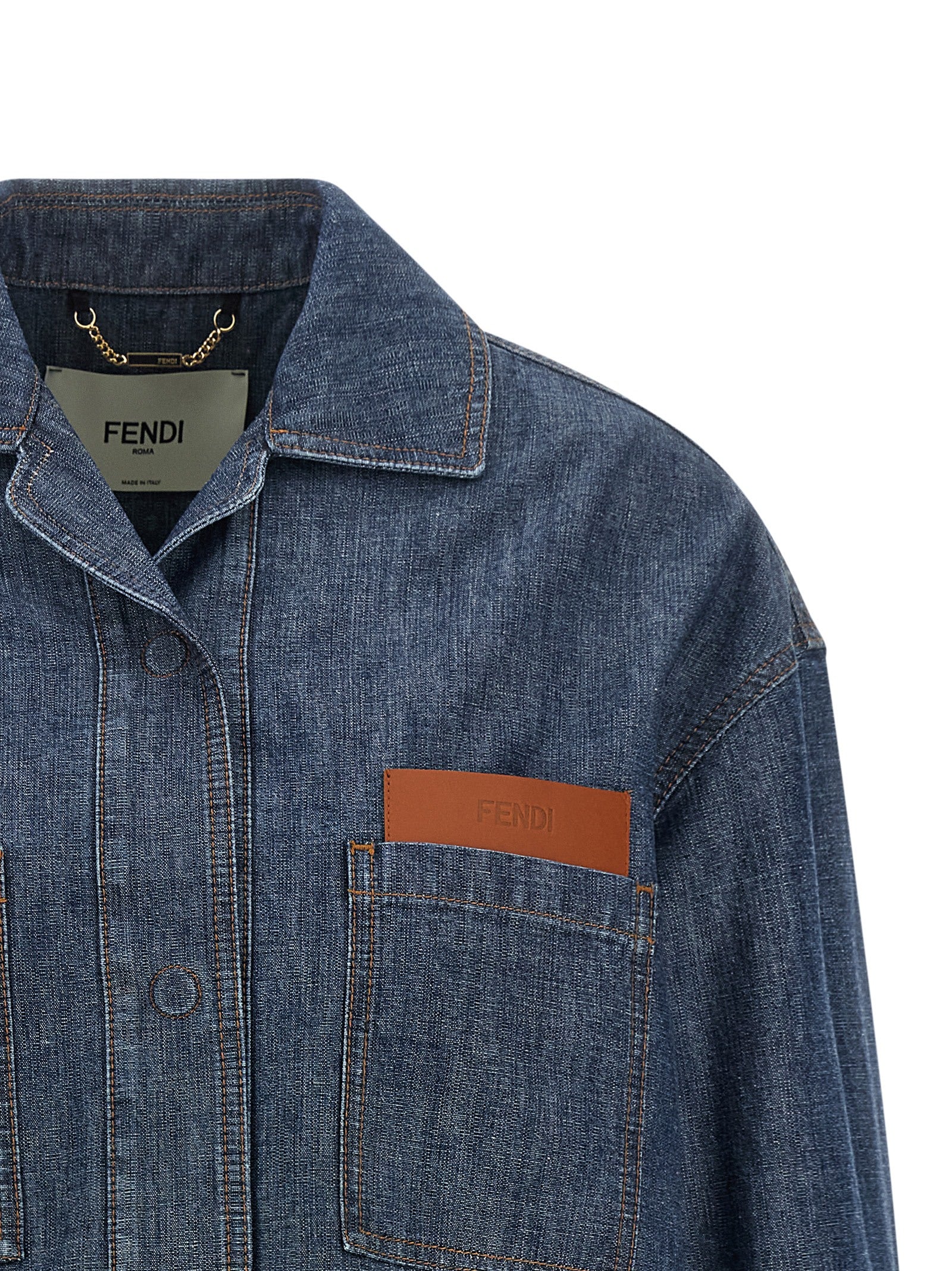 Trucker Jacket by Fendi for women in cotton denim navy & signature showcases a bohemian silhouette, artfully detailed with a bohemian split square shirt-collar neckline and signature pockets for a truly bohemian finish.