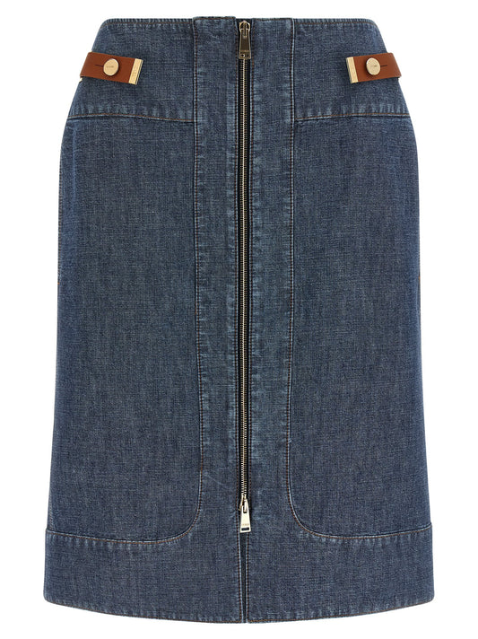 Skirt by Fendi for women in denim cotton gold, navy & signature features an relaxed-yet-refined silhouette that elegantly showcases the Women's Denim Straight Cotton Skirt design and sophisticated midi.