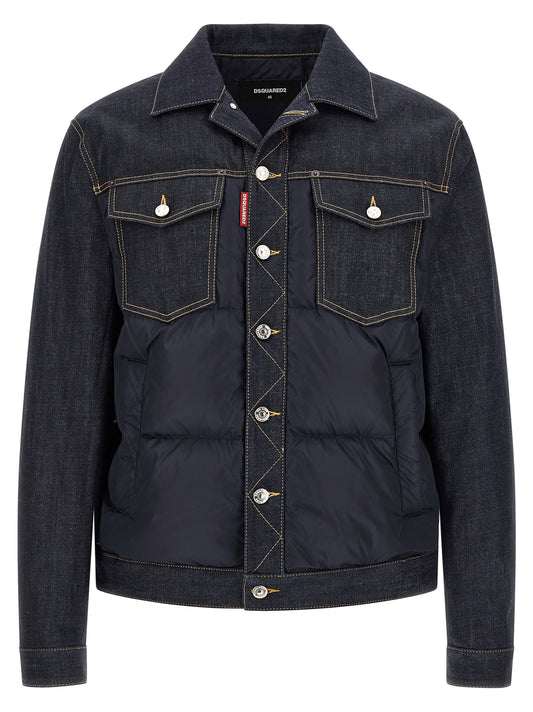 Trucker Jacket by Dsquared² for men in denim cotton blue & red showcases a bohemian silhouette, artfully detailed with a bohemian and signature thermal, pockets & insulated for a truly bohemian finish.