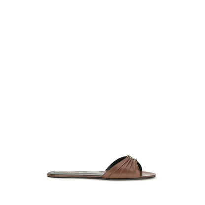 Saint Laurent Cassandre Women's Bos Taurus Calf Leather Mules Sliders Flat Shoes - Bronze Brown