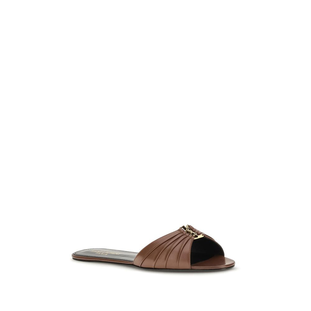 Saint Laurent Cassandre Women's Bos Taurus Calf Leather Mules Sliders Flat Shoes - Bronze Brown