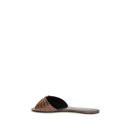 Saint Laurent Cassandre Women's Bos Taurus Calf Leather Mules Sliders Flat Shoes - Bronze Brown