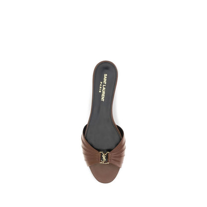 Saint Laurent Cassandre Women's Bos Taurus Calf Leather Mules Sliders Flat Shoes - Bronze Brown