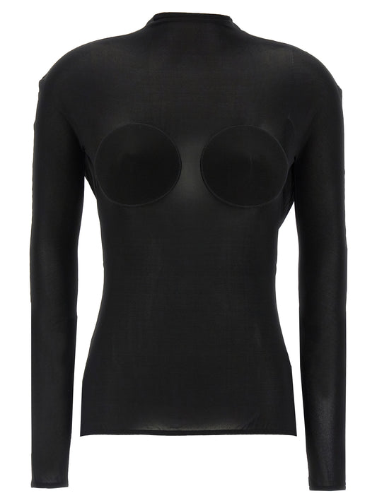 Cardigan by Jean Paul Gaultier for women in stretch viscose black & transparent presents a textural silhouette, artfully finished with a textural and long-sleeve for a sophisticated, textural look.